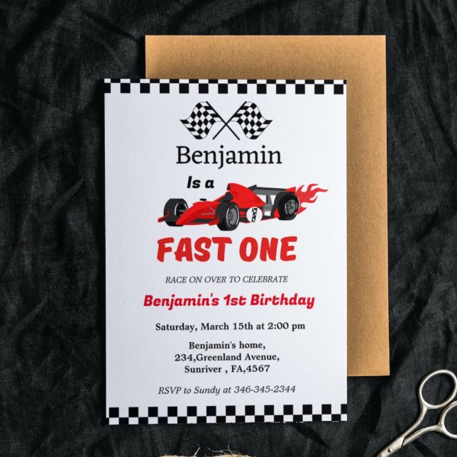 Fast one race car  boy first birrthday party  invitation (Creator Uploaded)