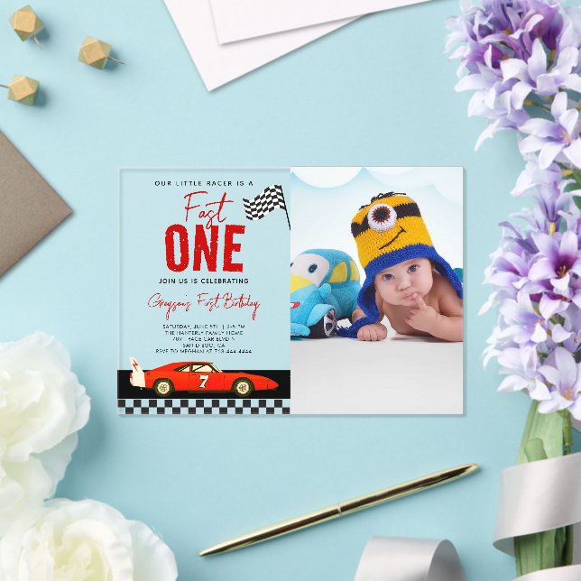 Fast One Race Car Boy Photo 1st Birthday Party Acrylic Invitations (Insitu (Wedding))
