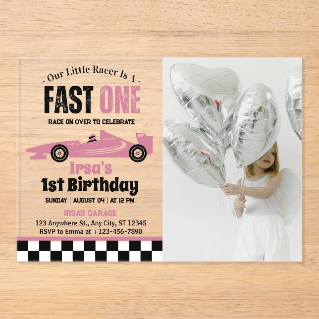 Fast One Race Car Girl 1st Birthday Party Photo Acrylic Invitations (Front)