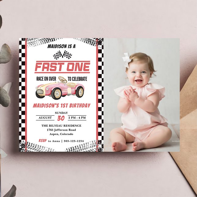 Fast One Race Car Girl 1st Birthday Party Photo  Invitation (Creator Uploaded)