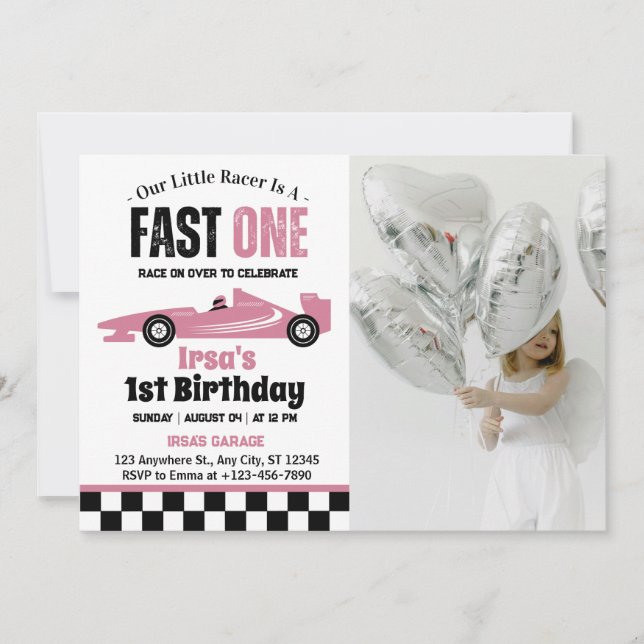 Fast One Race Car Girl 1st Birthday Party Photo Invitation (Front)