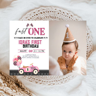 Fast One Race Car Girl's 1st Birthday Party Photo Invitation