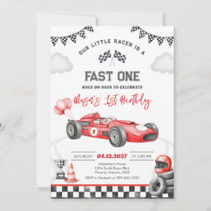 Fast One Race Car Red First 1st Boy Birthday Invitation