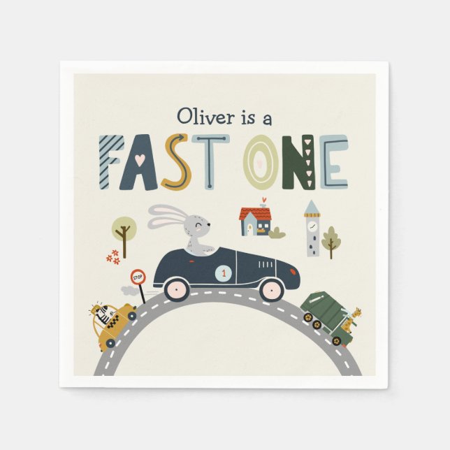 Fast One Race Cars 1st Birthday Party Napkins (Front)