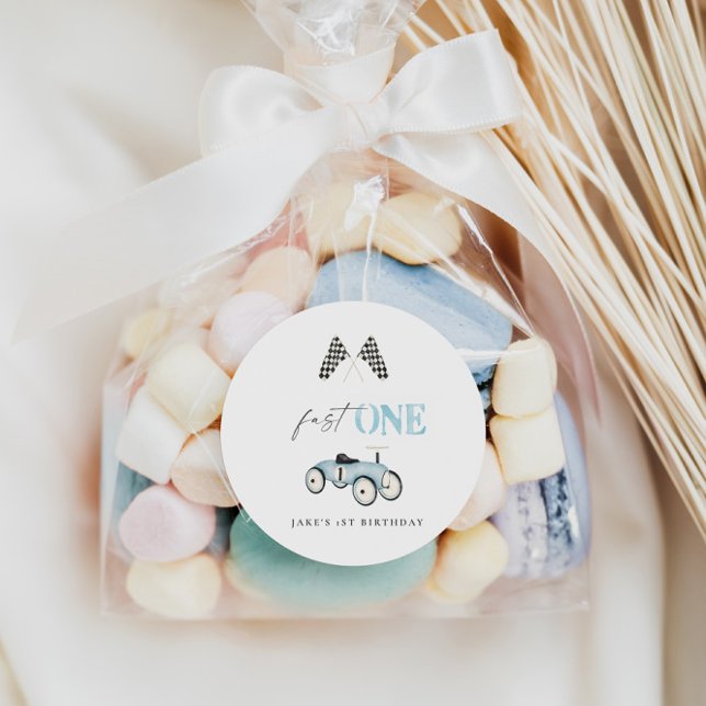 Fast One Race-Themed Retro Car Birthday Classic Round Sticker (Creator Uploaded)