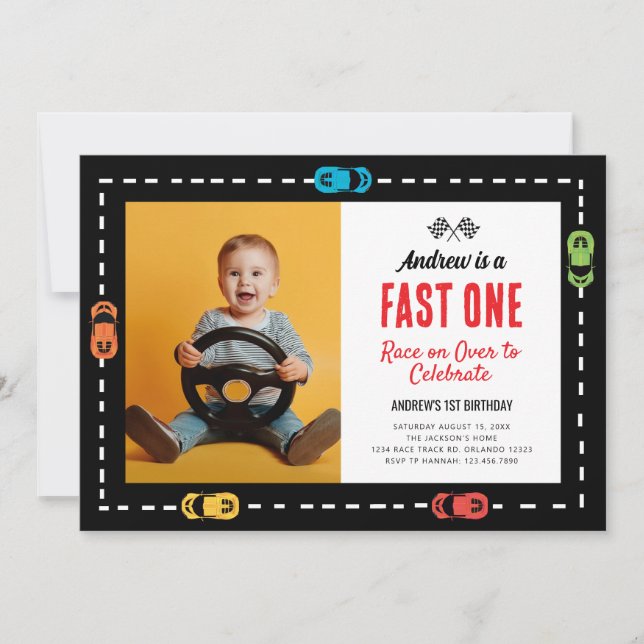 Fast One Race Track Boys Birthday Party Photo Invitation (Front)