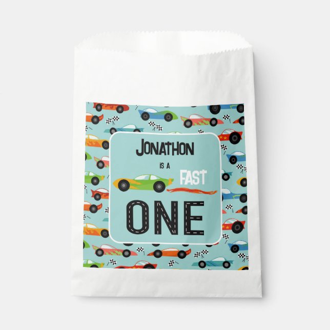 Fast ONE racecar themed 1st birthday party Favour Bags (Front)