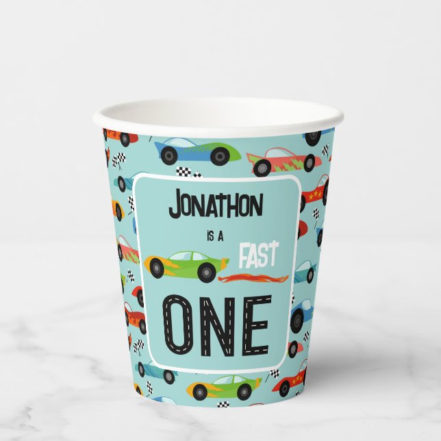 Fast ONE racecar themed 1st birthday party Paper Cups (Front)