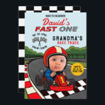 Fast ONE Racer Birthday Invitation<br><div class="desc">Start your engines—your little speedster is turning ONE! This Fast ONE Birthday Invitation features a fun and energetic illustration of your child driving a race car, wearing a helmet, and crossing the chequered finish line with style. Complete with bold red “Fast” and chequered “ONE” lettering, race flags, and customisable text...</div>