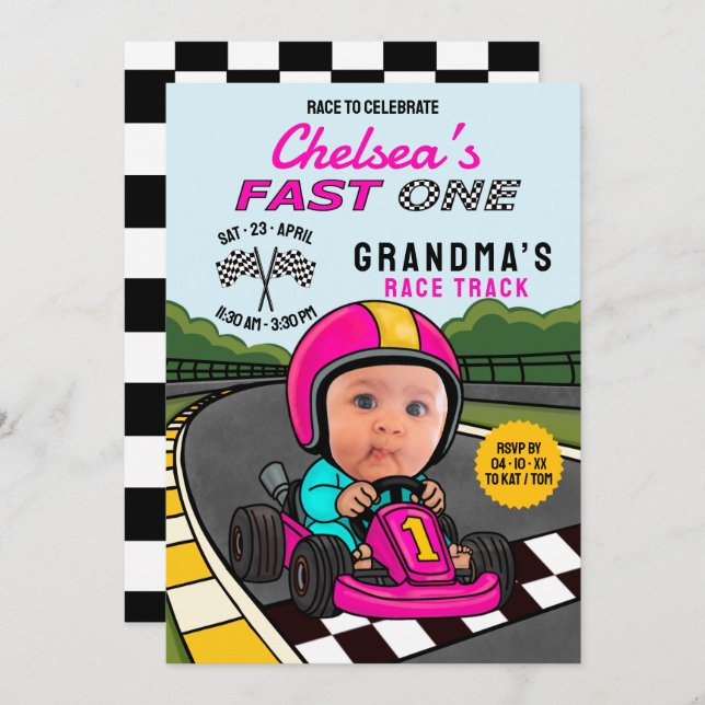 Fast ONE Racer Pink Birthday  Invitation (Front/Back)