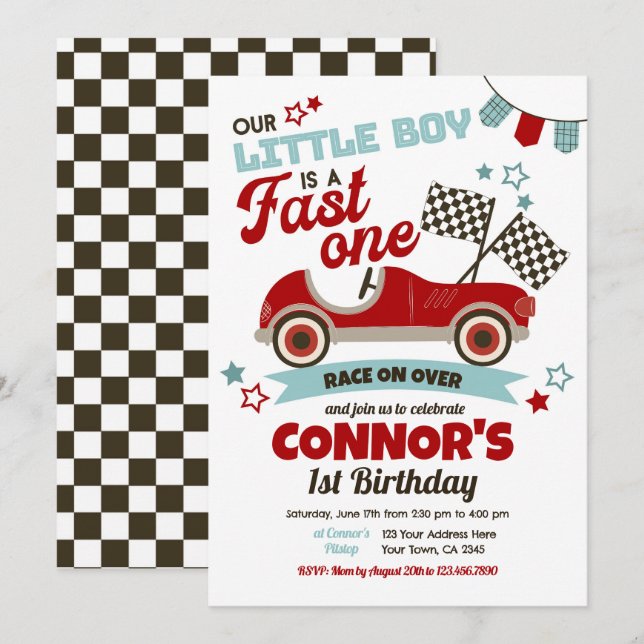 Fast One, Racing 1st Birthday Invitation (Front/Back)