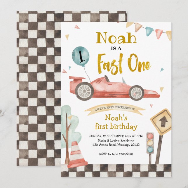 Fast One Racing Boy Birthday Invitation (Front/Back)