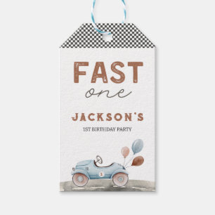Fast One Racing Car Blue Boy 1st Birthday Gift Tags