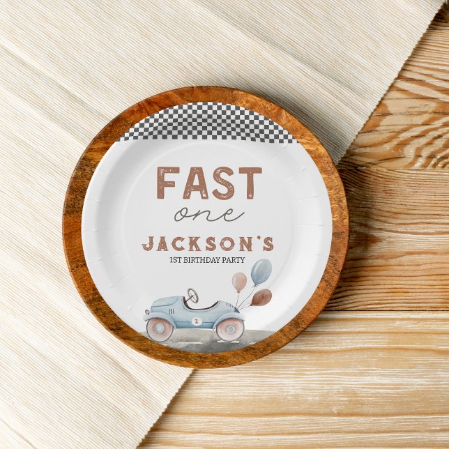 Fast One Racing Car Blue Boy 1st Birthday Paper Plate (fast one race car retro 1st birthday custom paper plates)