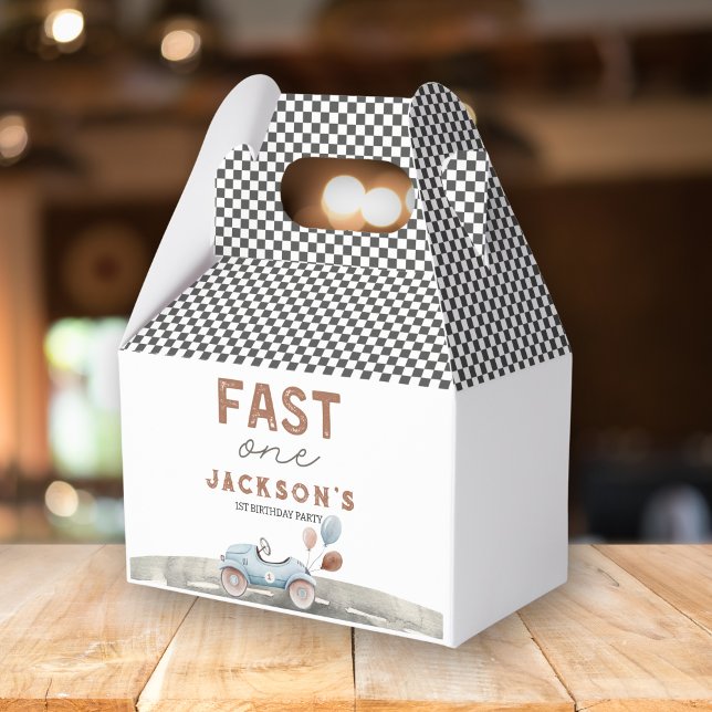 Fast One Racing Car Blue Boy 1st Birthday Welcome Favour Box (Fast One Race Car 1st Birthday Favor Box)