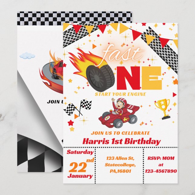 Fast One/ Racing Car First Birthday Invitation  (Front/Back)