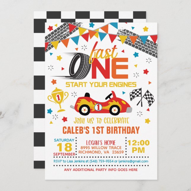Fast One Racing First Birthday Invitation - White (Front/Back)