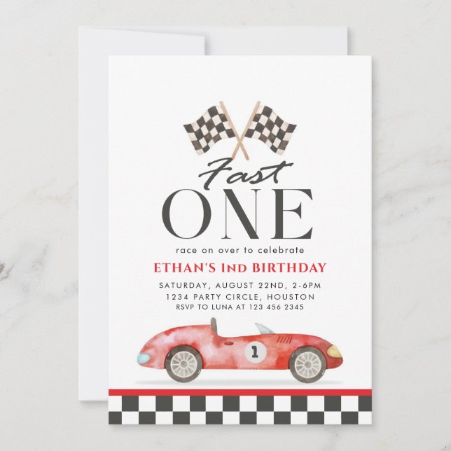 Fast One Racing Red Car First Birthday Invitation (Front)