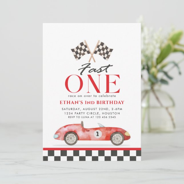 Fast One Racing Red Car First Birthday Invitation (Standing Front)