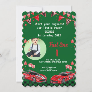 Fast One Red & Black Race Car Photo 1st Birthday  Invitation