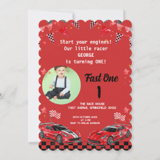 Fast One Red & Black Race Car Photo 1st Birthday  Invitation