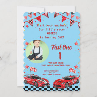 Fast One Red & Black Race Car Photo 1st Birthday  Invitation