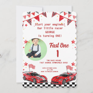 Fast One Red & Black Race Car Photo 1st Birthday Invitation