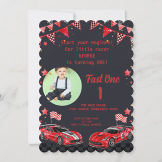 Fast One Red & Black Race Car Photo 1st Birthday  Invitation