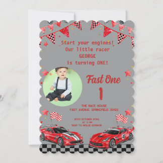 Fast One Red & Black Race Car Photo 1st Birthday  Invitation