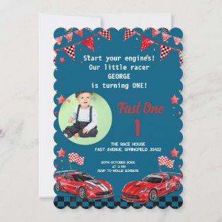 Fast One Red & Black Race Car Photo 1st Birthday  Invitation