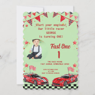 Fast One Red & Black Race Car Photo 1st Birthday Invitation