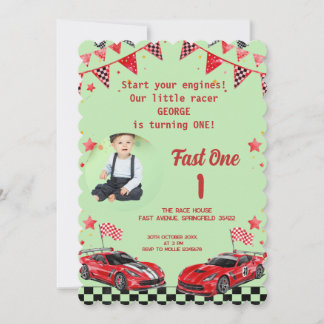 Fast One Red & Black Race Car Photo 1st Birthday  Invitation