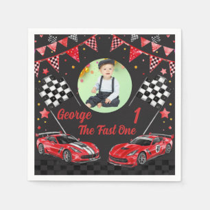 Fast One Red & Black Race Car Photo 1st Birthday Napkin