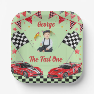 Fast One Red & Black Race Car Photo 1st Birthday Paper Plate