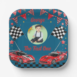 Fast One Red & Black Race Car Photo 1st  Birthday  Paper Plate