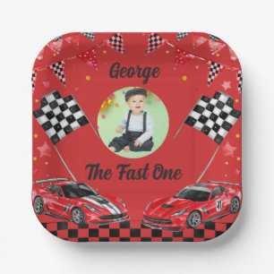 Fast One Red & Black Race Car Photo 1st  Birthday Paper Plate