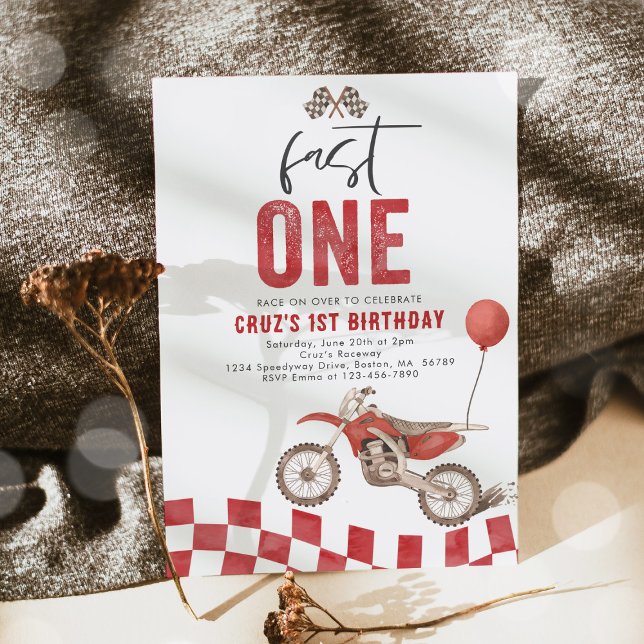 Fast One Red Dirt Bike Boy 1st Birthday Party  Invitation (Creator Uploaded)