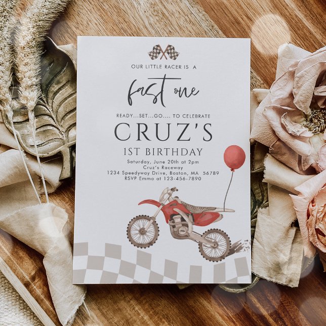 Fast One Red Dirt Bike Boy 1st Birthday Party  Invitation (Creator Uploaded)