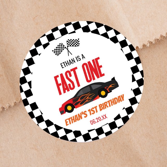 Fast One Red Flame Race Car 1st Birthday Party Classic Round Sticker (Creator Uploaded)