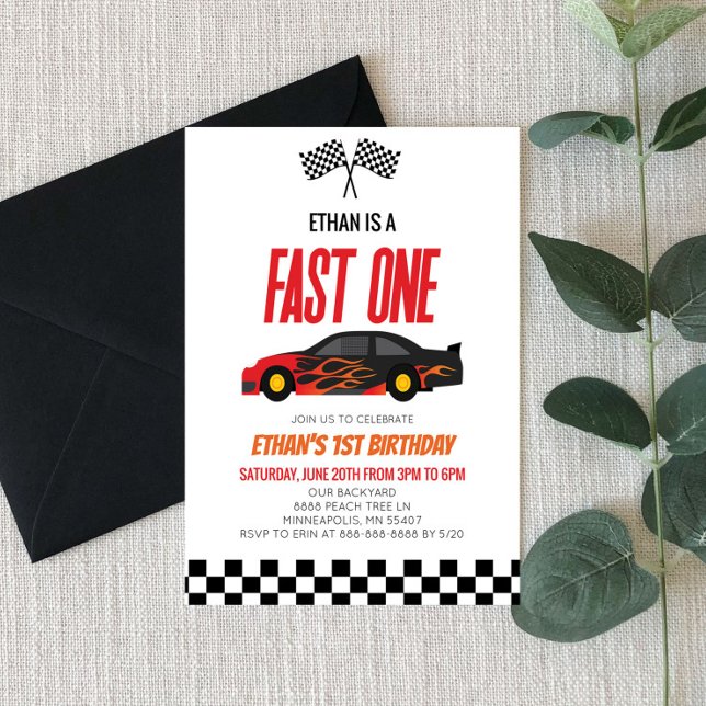 Fast One Red Flame Race Car 1st Birthday Party Invitation (Creator Uploaded)