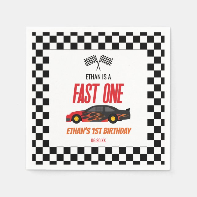 Fast One Red Flame Race Car 1st Birthday Party Napkin (Front)