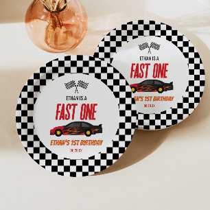 Fast One Red Flame Race Car 1st Birthday Party Paper Plate