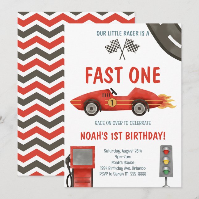 Fast One Red Race Car 1st Birthday Invitation (Front/Back)