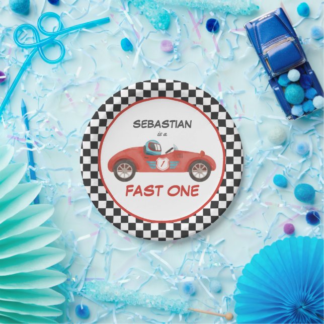 Fast One Red Race Car 1st Birthday Party Decor Paper Plate (Party)