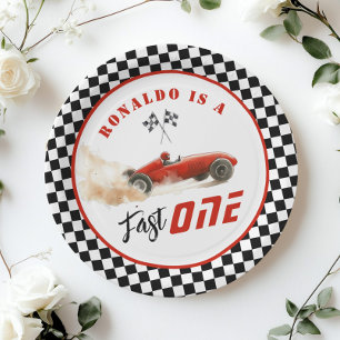 Fast One Red race car Boy 1st Birthday Balloon Paper Plate