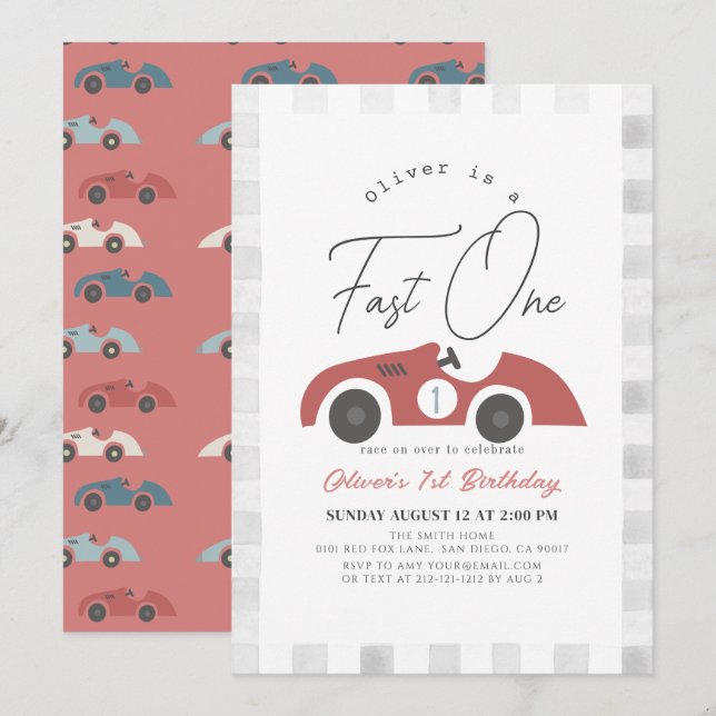 Fast One Red Race Car Boy 1st Birthday Invitation (Front/Back)