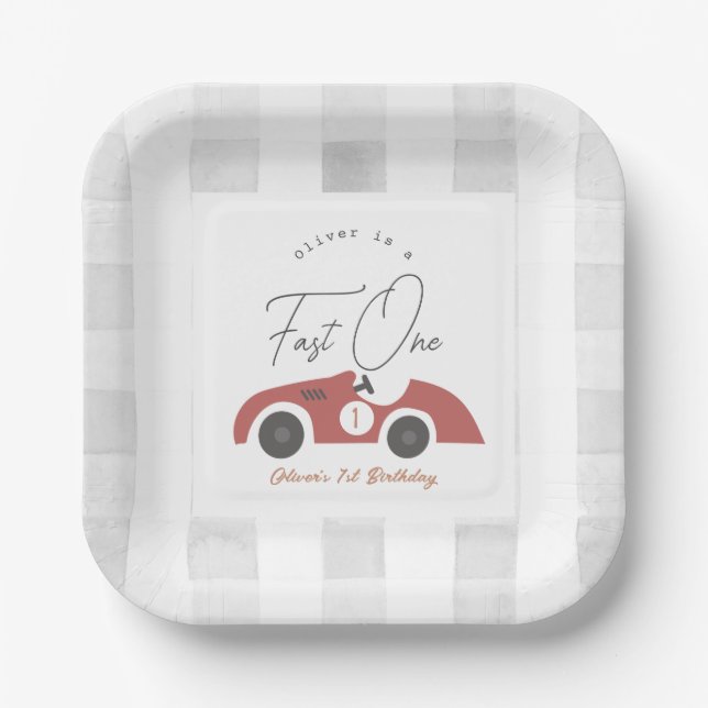 Fast One Red Race Car Boy 1st Birthday Paper Plate (Front)