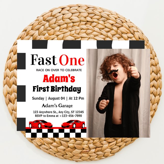 Fast One Red Race Car Boy 1st Birthday Party Photo Invitation (Creator Uploaded)