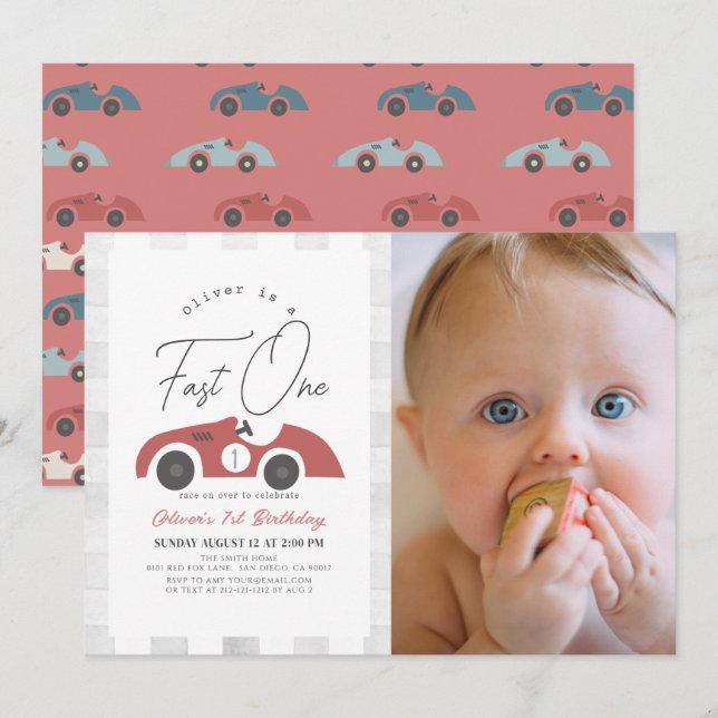 Fast One Red Race Car Boy 1st Birthday Photo Invitation (Front/Back)