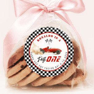 Fast One Red race car Boy Birthday Thank you Classic Round Sticker